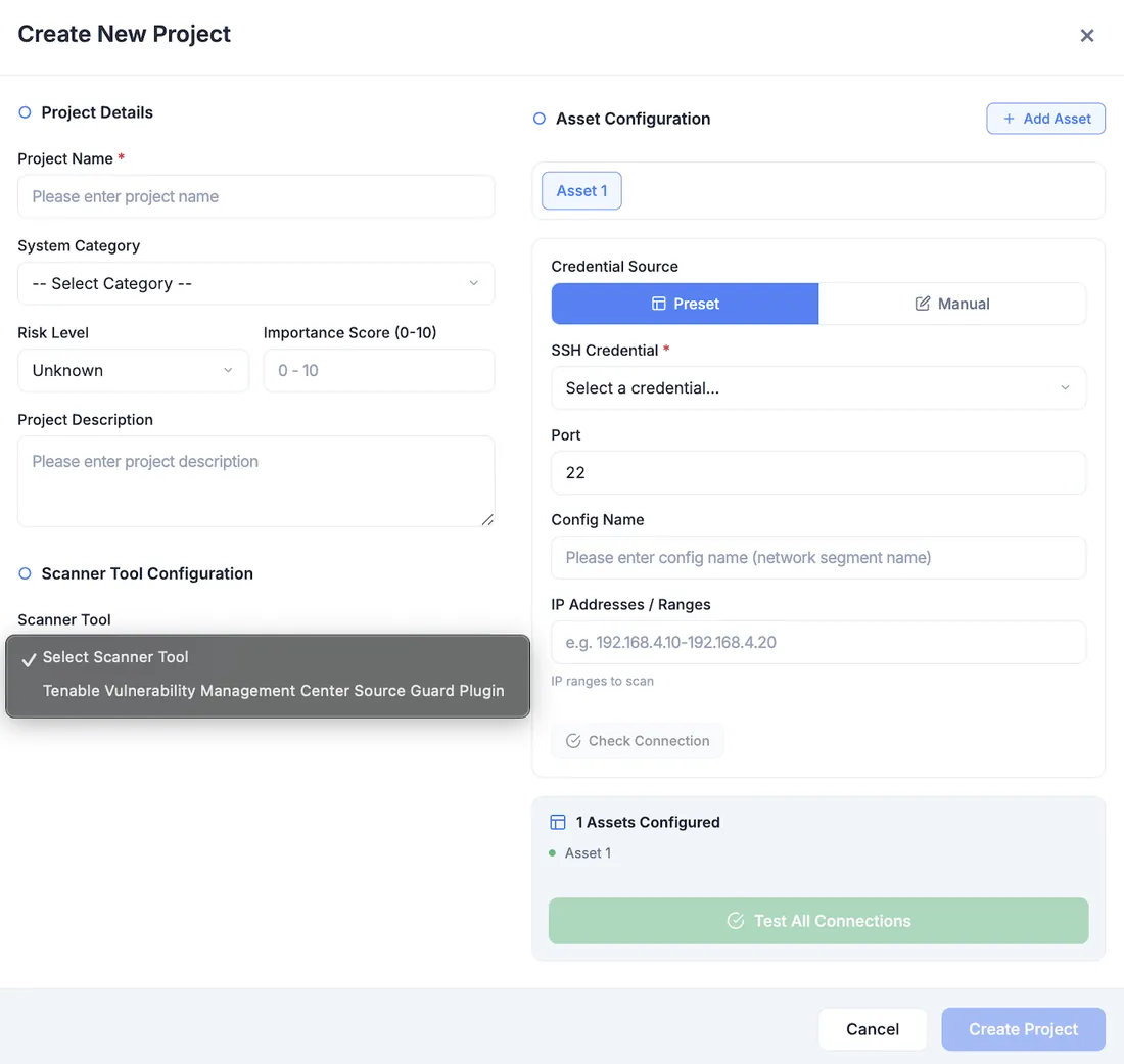 Asset settings panel for entering credential source, SSH credentials and IP ranges before launching the scan